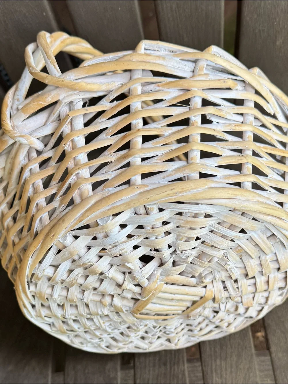 Antique’d Woven Two-Tone White Basket with Handle Multi Purpose w/ Plastic Liner